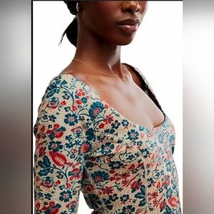 Free People Fitted Red & Blue Long Sleeve Floral Crop Top With Ruffled Hem